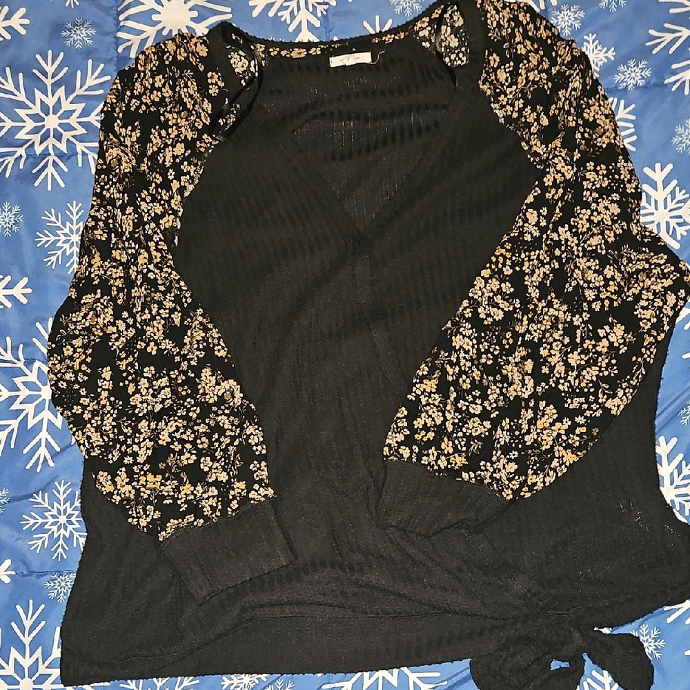 Floral Sleeve Black Top